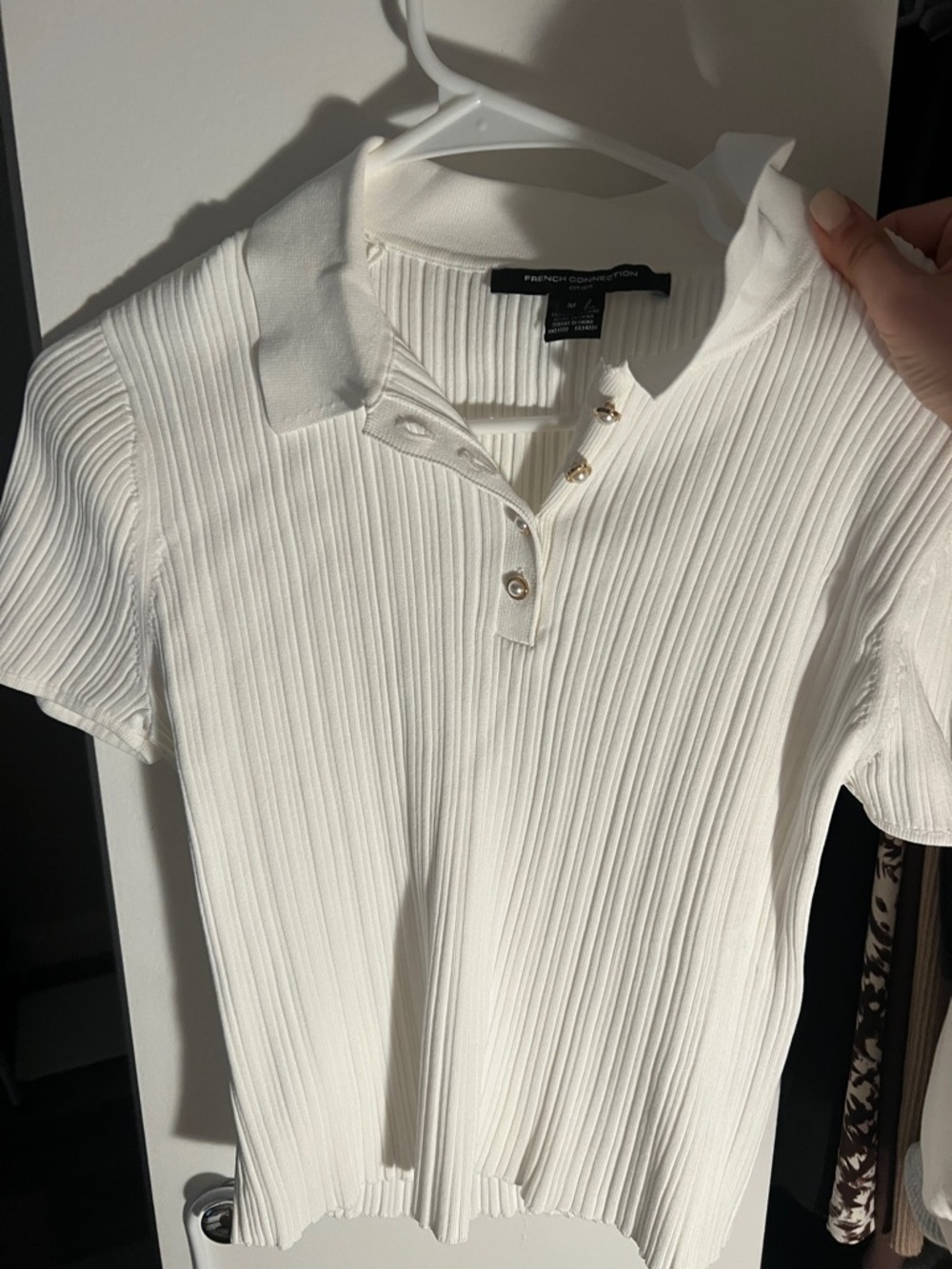 French Connection Cream Ribbed Polo Top with Gold Buttons